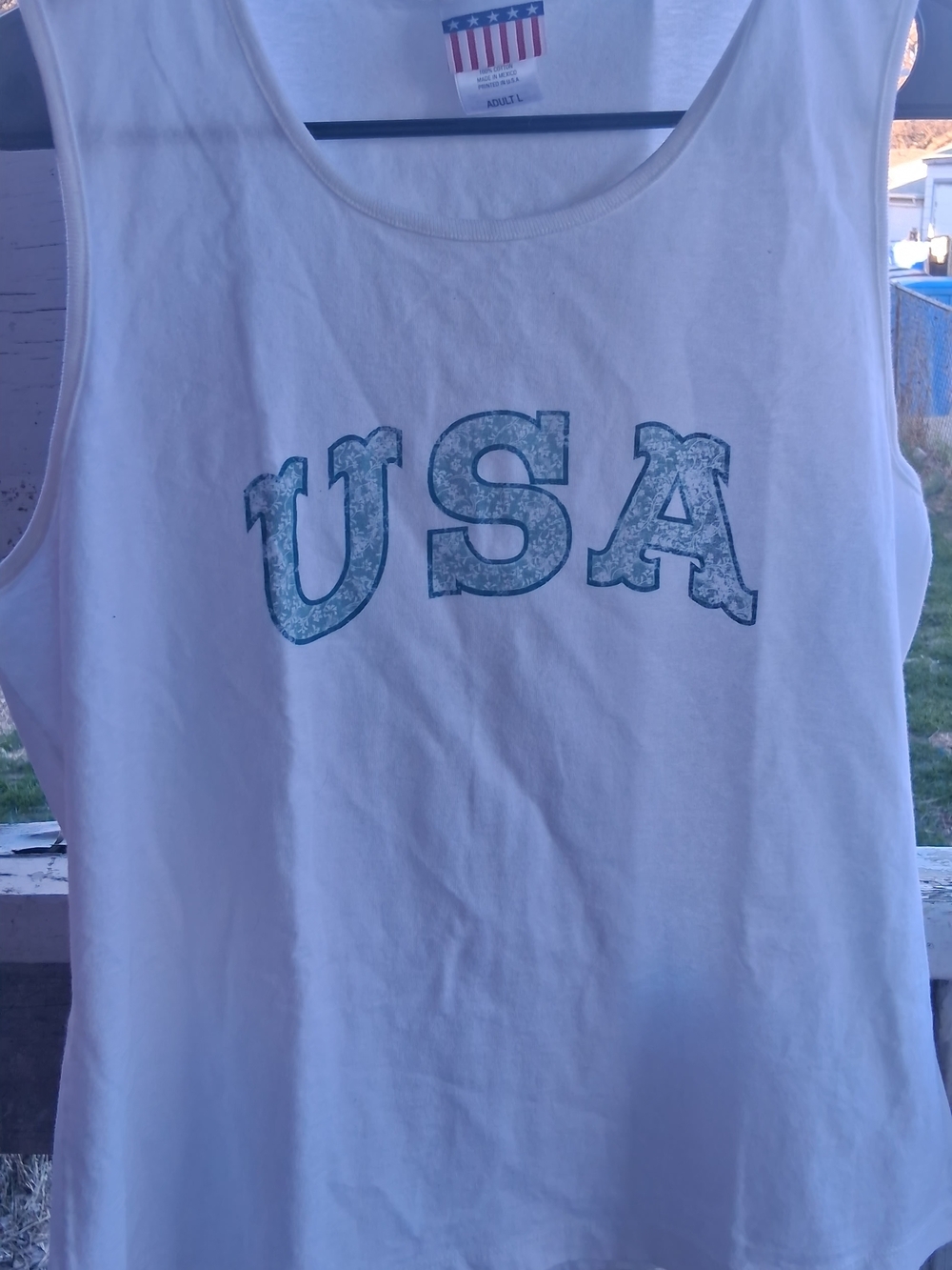 White Tank Top with Teal USA Graphic